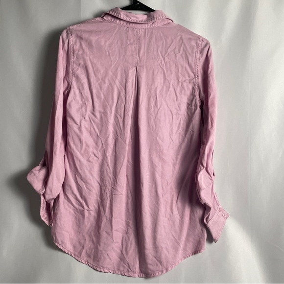 NWT CHICOS 0 Touch Cool Fringe Hem Button Up Shirt Sm Lavender Rose Pink Denim - Picture 8 of 8
